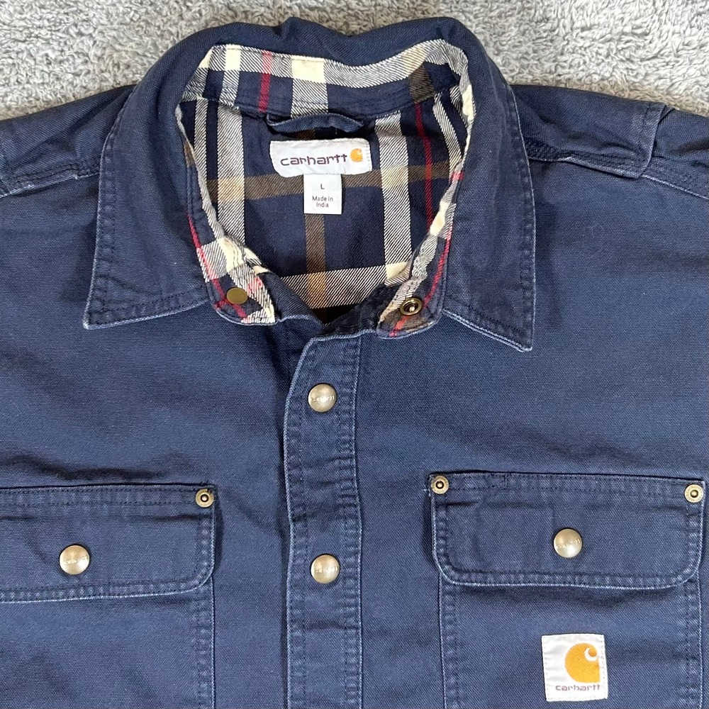 Carhartt Hubbard Flannel Lined Shirt Jacket Navy Blue Canvas Snap Front 100590 L